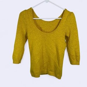 Sportsgirl Mustard Yellow Knit Top XS Puff Sleeve Scoop Neck